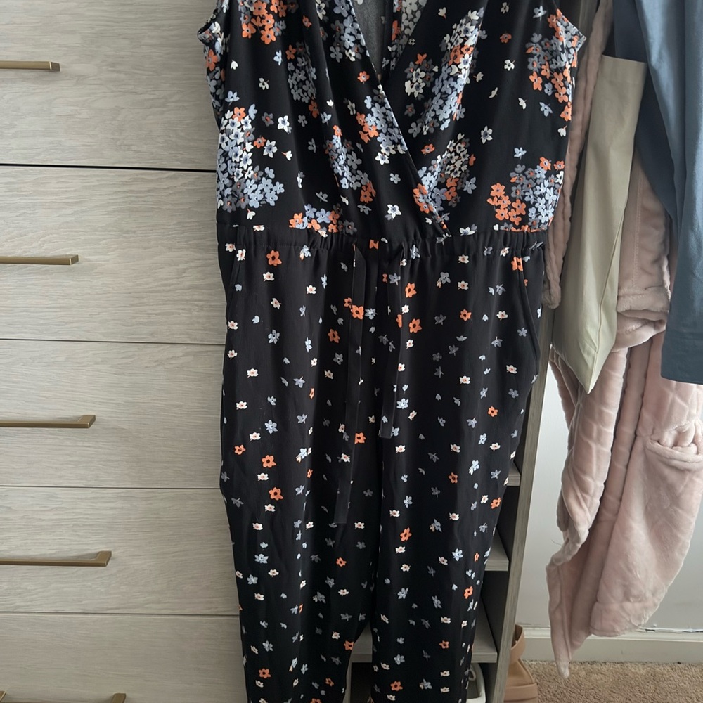 LOFT Black and Blue Jumpsuit with Wrap V-Neck